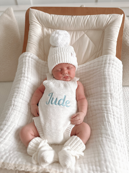 personalised baby clothes | newborn name romper with blue embroidery