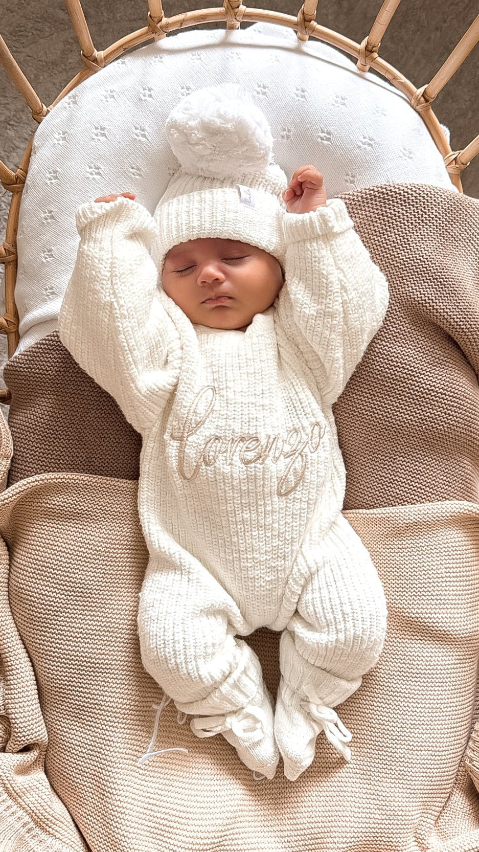 Set | Personalised Full Length Chunky Knit Baby Romper & Booties & Hat | Ivory
