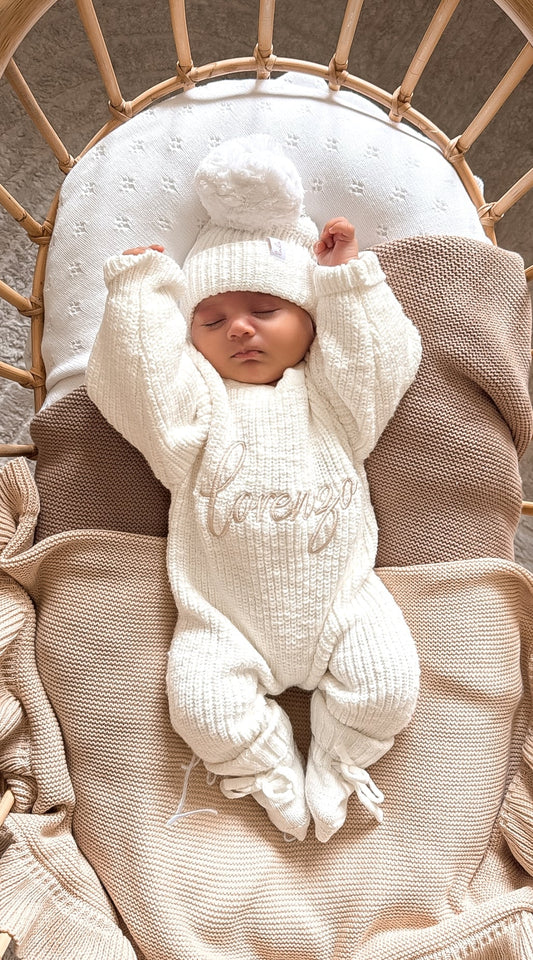 Set | Personalised Full Length Chunky Knit Baby Romper & Booties & Hat | Ivory