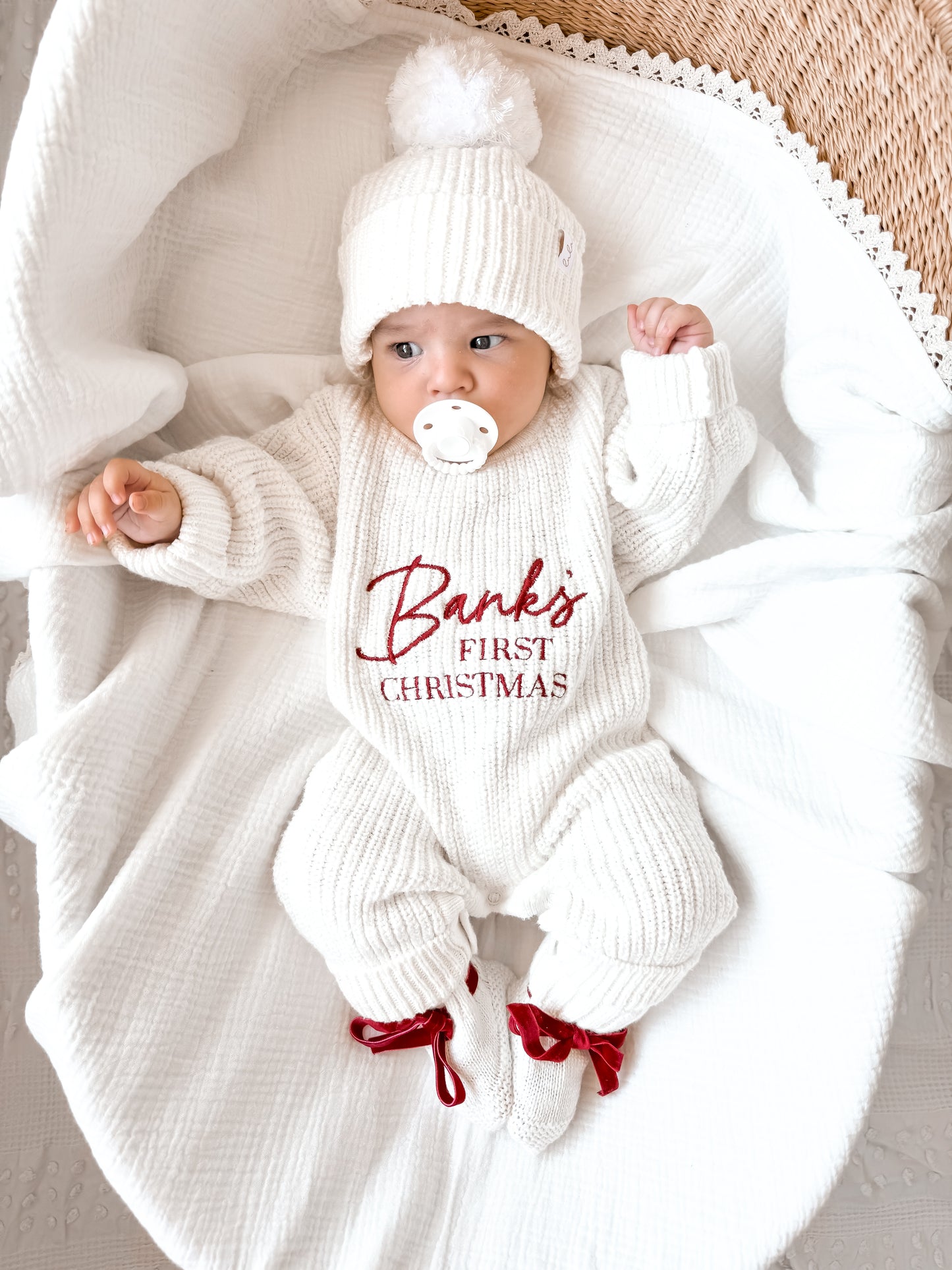 baby Christmas outfit - personalised with red embroidery thread