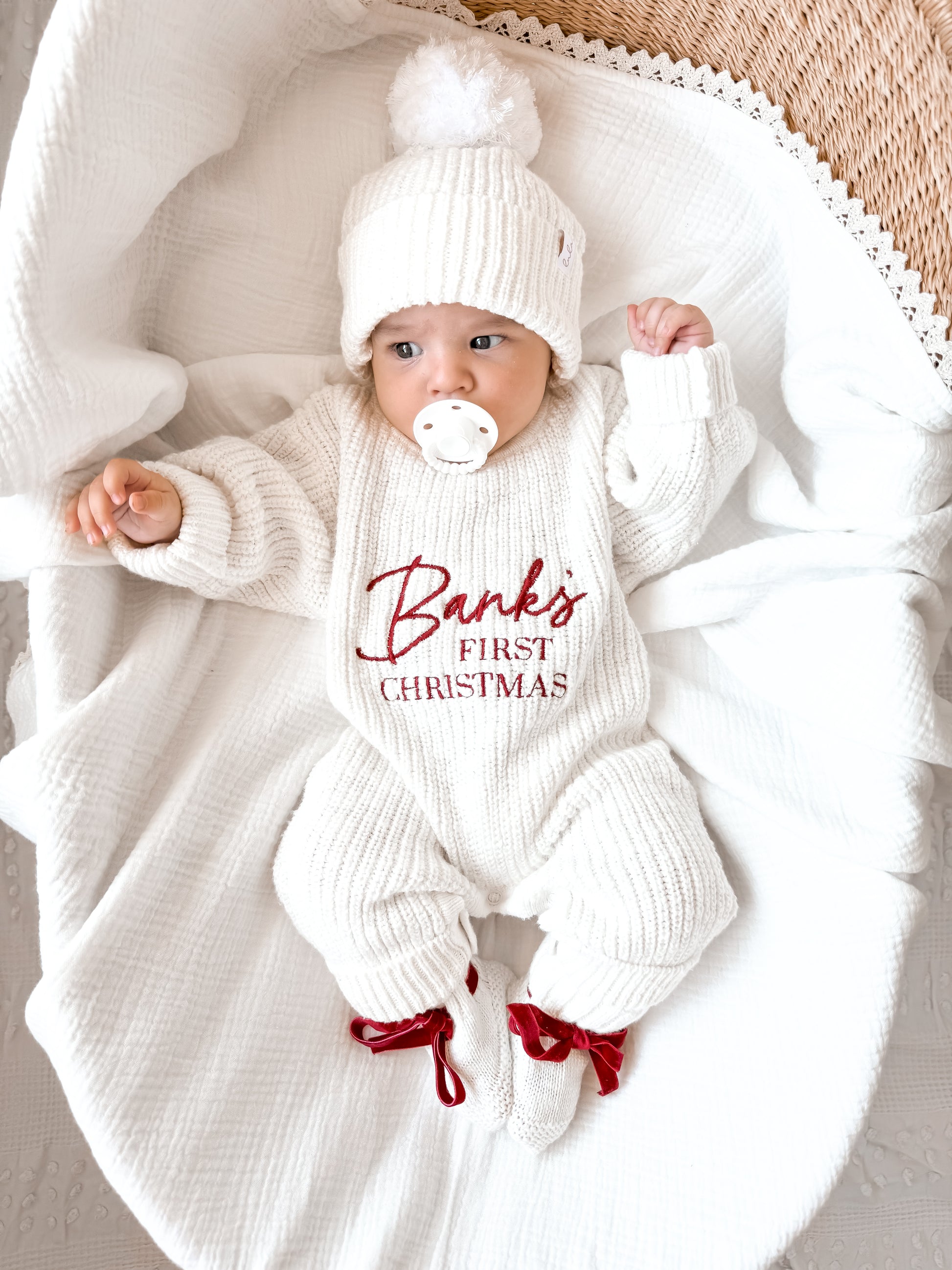 baby Christmas outfit - personalised with red embroidery thread
