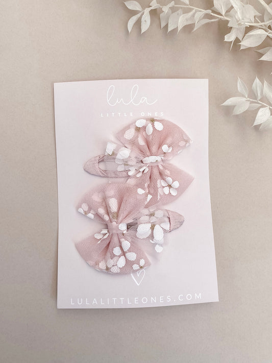 Pigtail Bow Hair Clip Set | Pink Floral Tulle