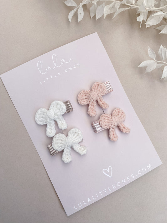 Crochet Bow Hair Clips | Pigtail Set | Blush and Ivory
