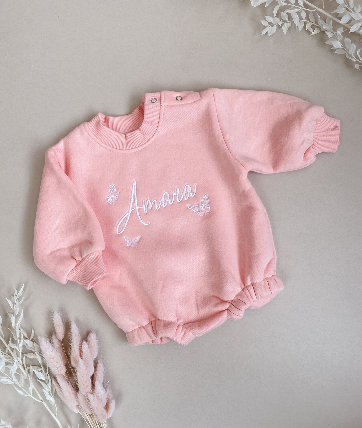 Personalised Baby Sweater Romper | Candyfloss Pink | Butterflies