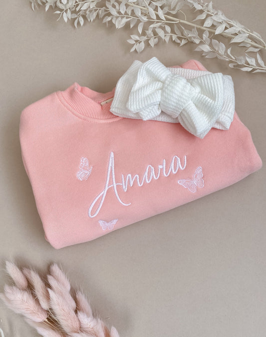 Personalised Baby Sweater Romper | Candyfloss Pink | Butterflies