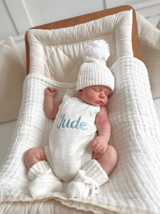 personalised baby clothes | newborn name romper with blue embroidery