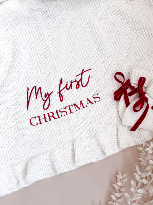 My First Christmas Frill Baby Blanket | Chunky Knit | Ivory