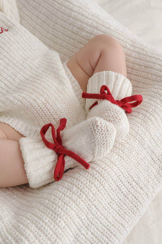 Baby Booties | Chunky Knit | Ivory | Ruby Red Laces