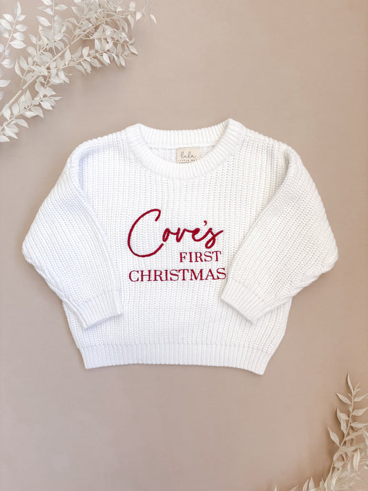 Personalised First Christmas Chunky Knit Jumper | Milk White