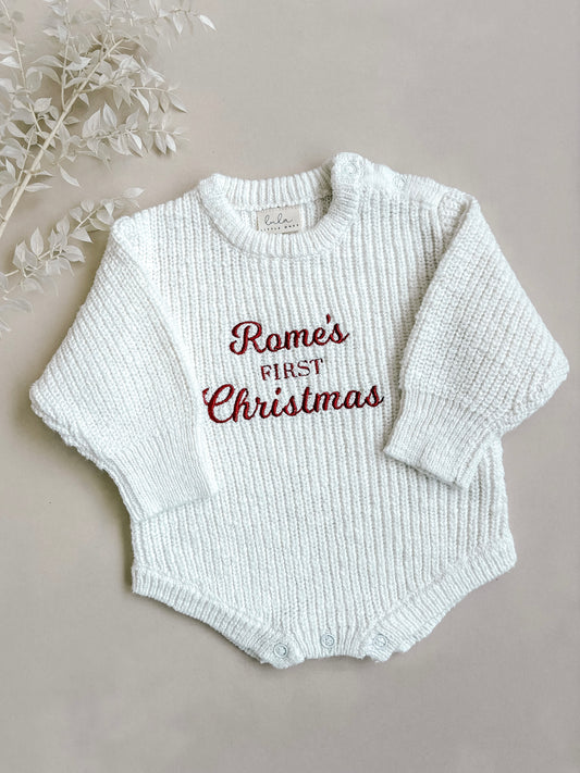 Personalised First Christmas Chunky Knit Baby Romper | Ivory