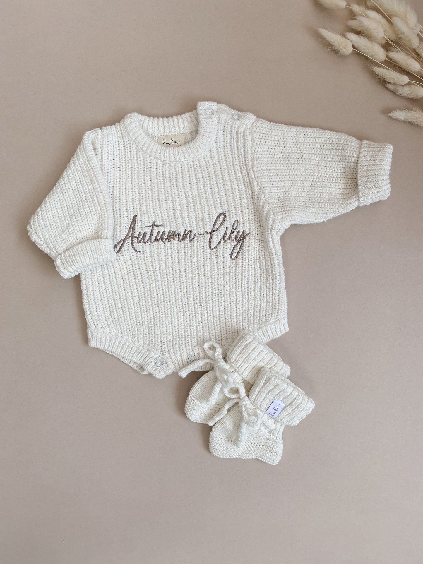 Set | Personalised Chunky Knit Baby Romper & Baby Booties | Ivory