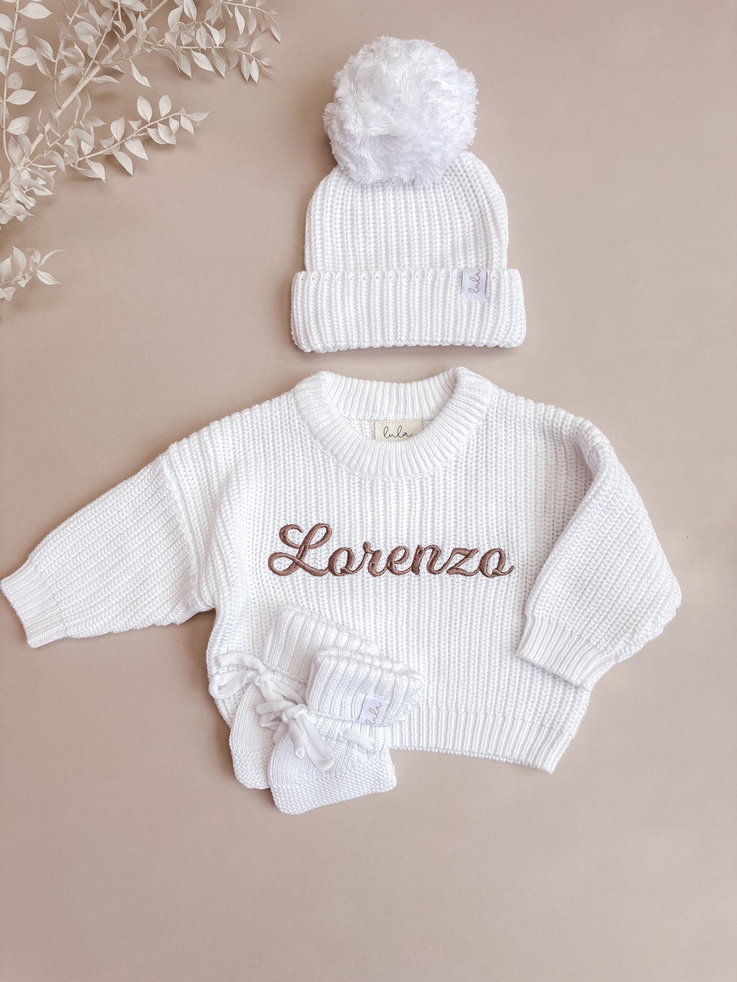 Set | Personalised Chunky Knit Baby Jumper & Booties & Hat | Milk White