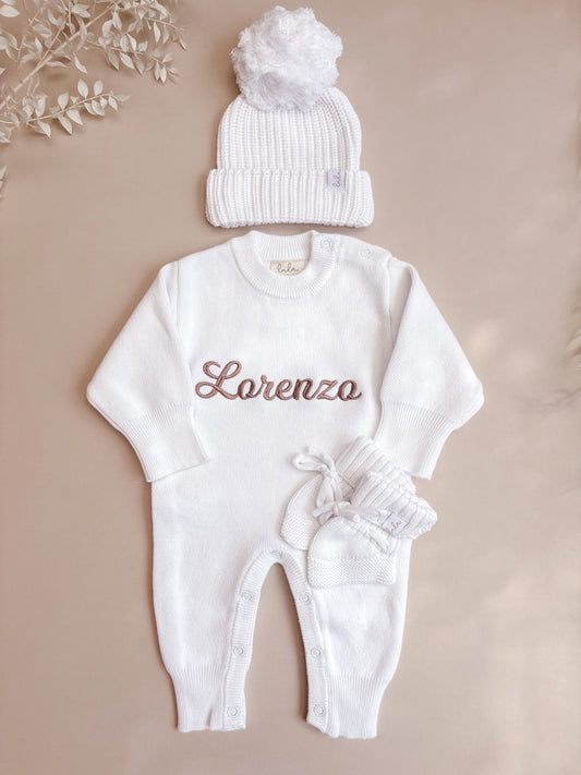 Set | Personalised Full Length Knit Baby Romper & Booties & Hat | Milk White
