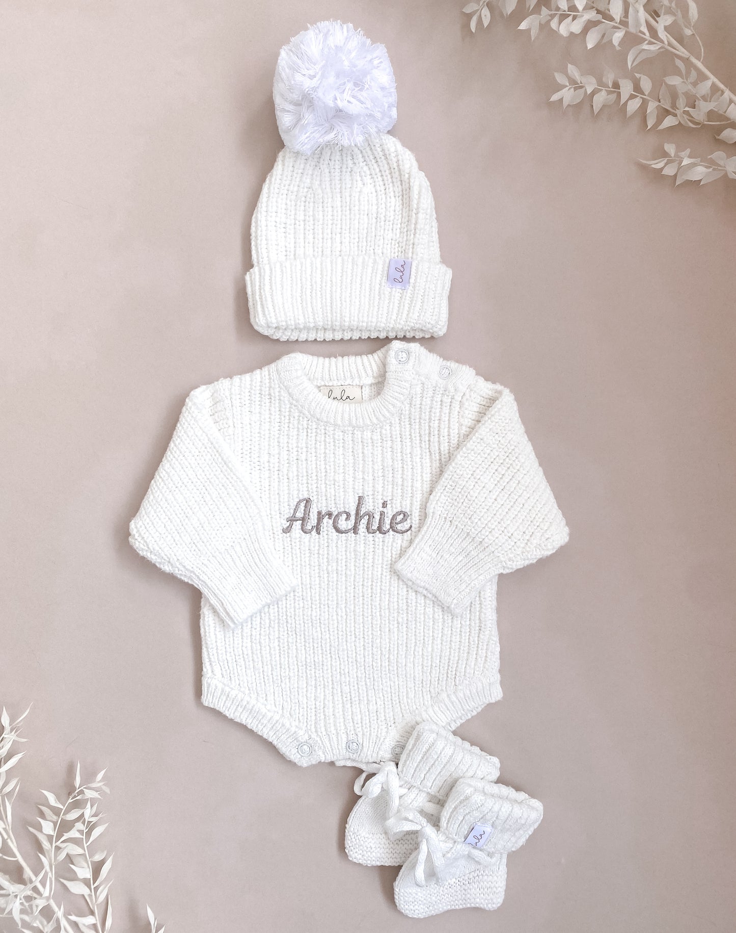 Set | Personalised Chunky Knit Baby Romper & Booties & Hat | Ivory