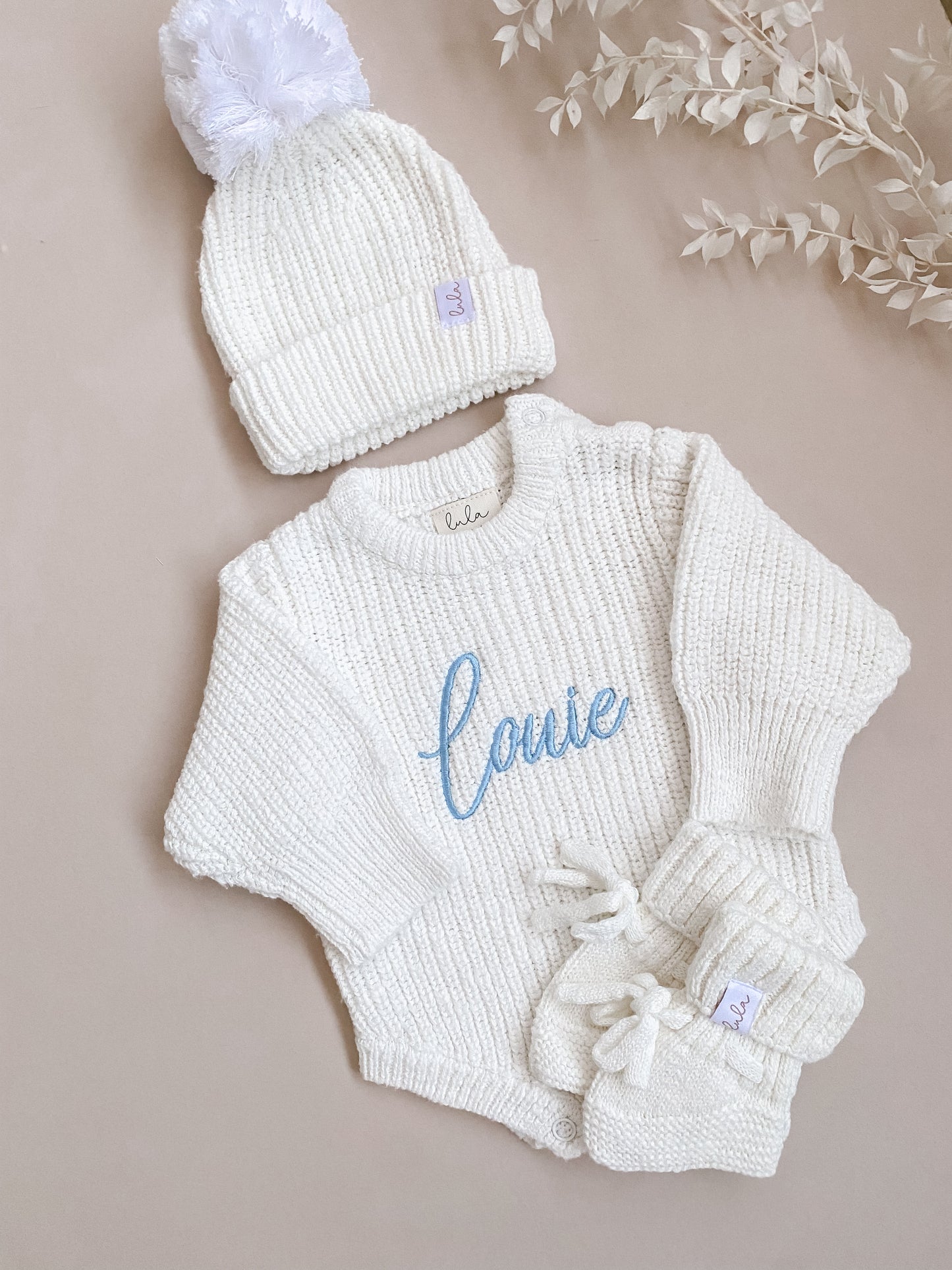 Set | Personalised Chunky Knit Baby Romper & Booties & Hat | Ivory