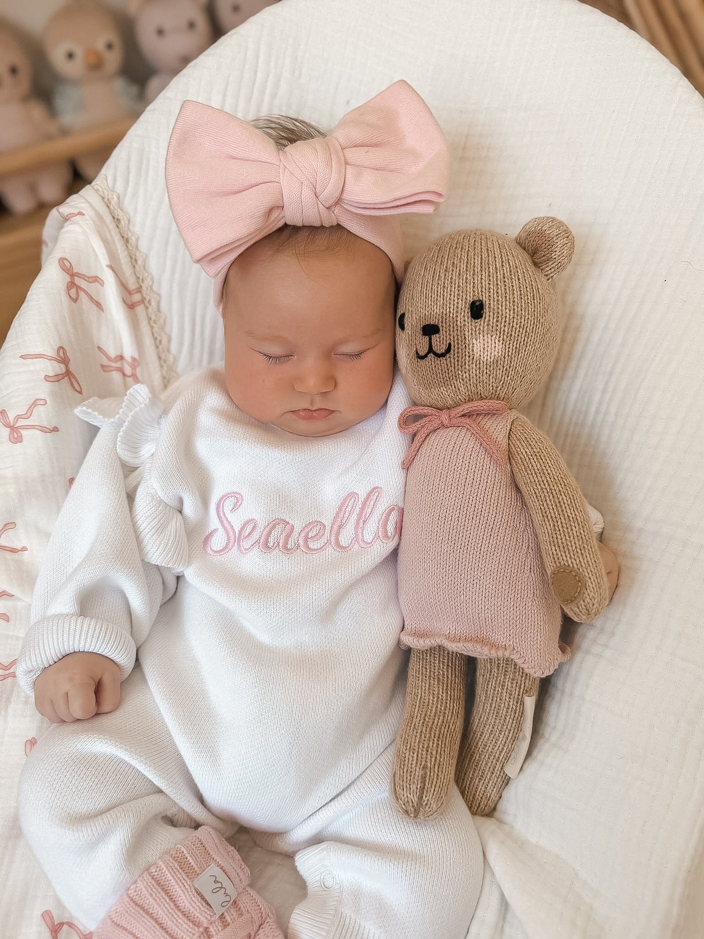 Set | Personalised Full Length Frill Knit Baby Romper & Booties & Topknot | Milk White & Blossom Pink