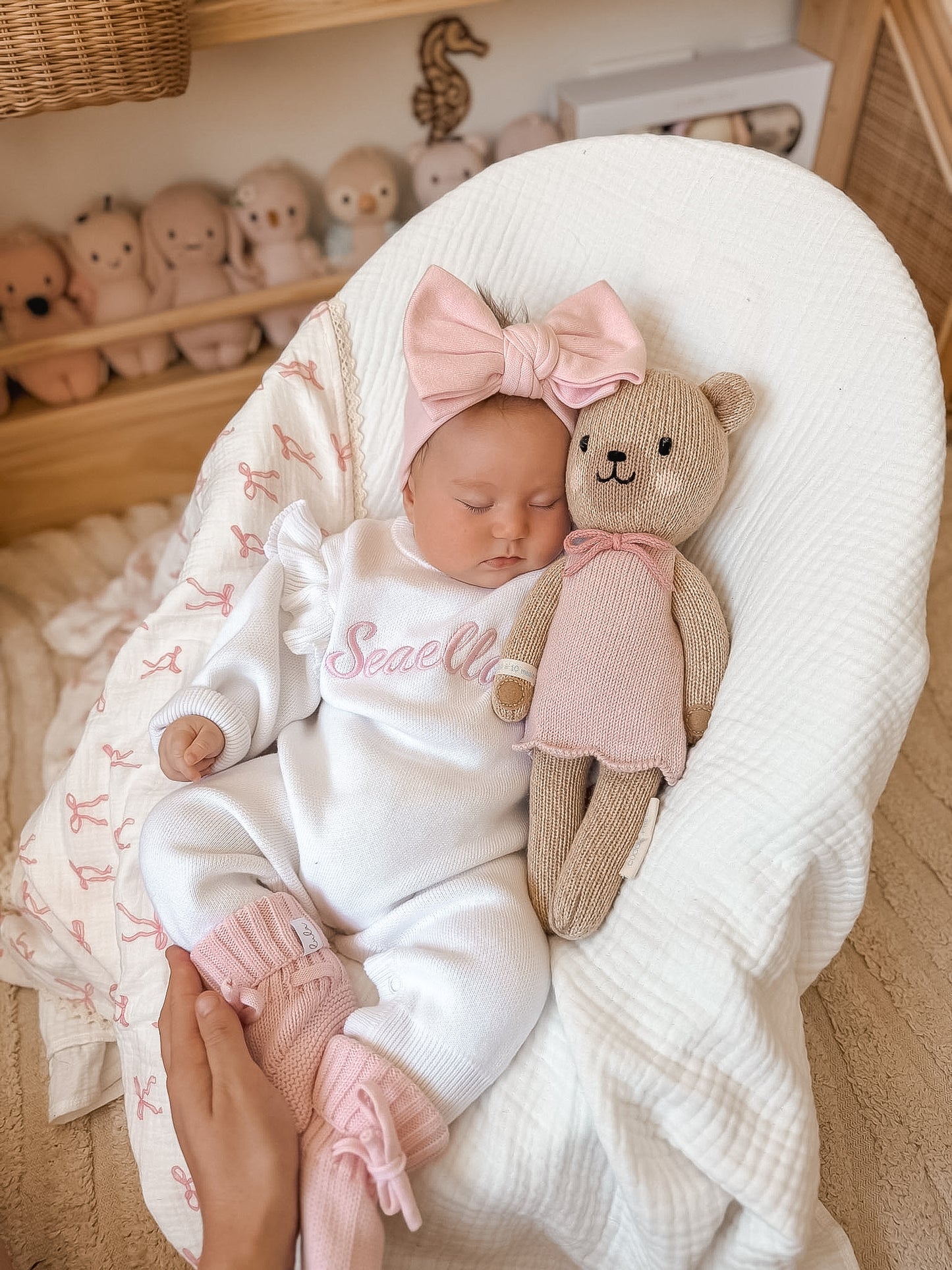 Set | Personalised Full Length Frill Knit Baby Romper & Booties & Topknot | Milk White & Blossom Pink