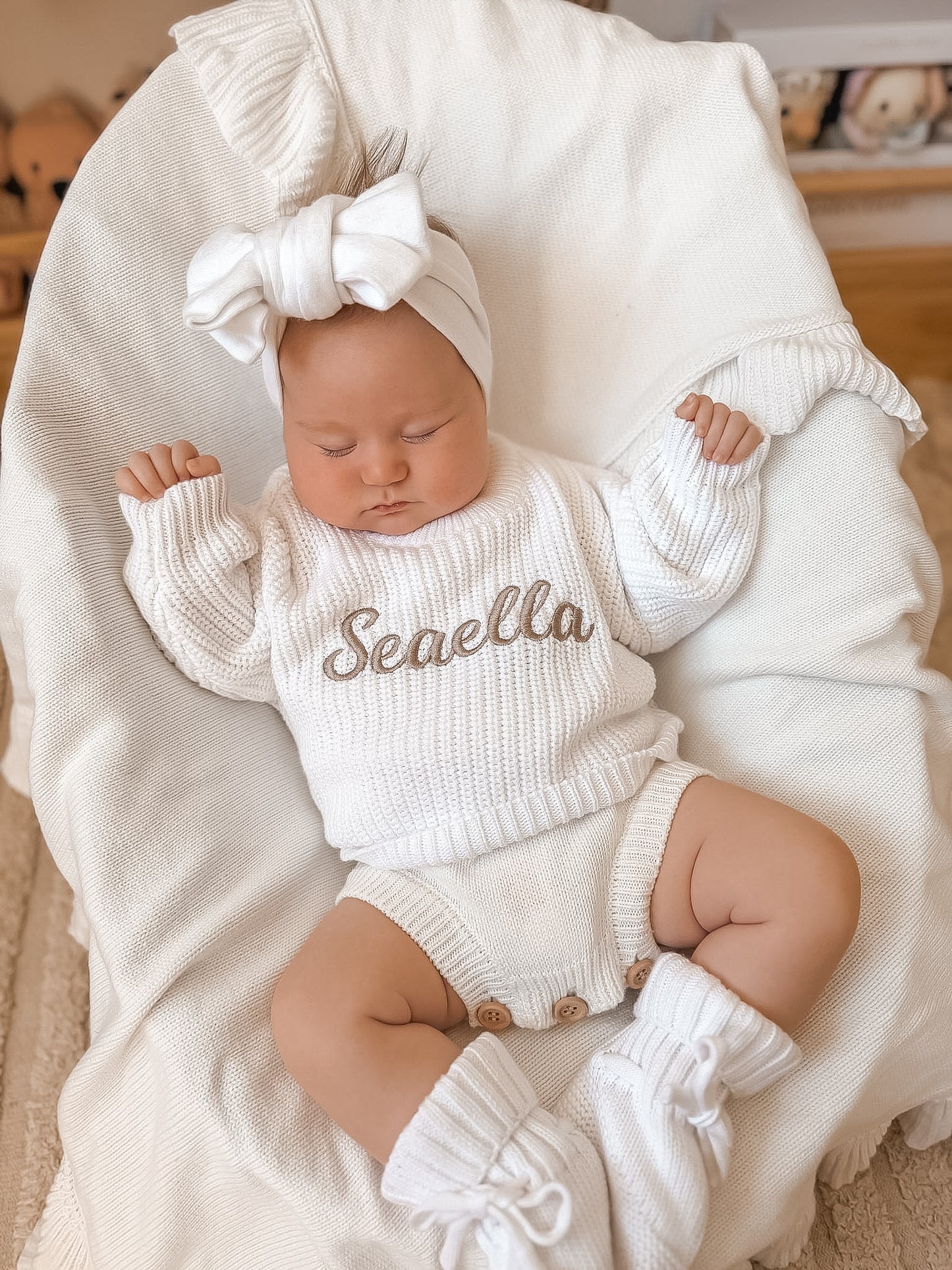 Set | Personalised Chunky Knit Baby Jumper & Booties & Topknot | Milk White