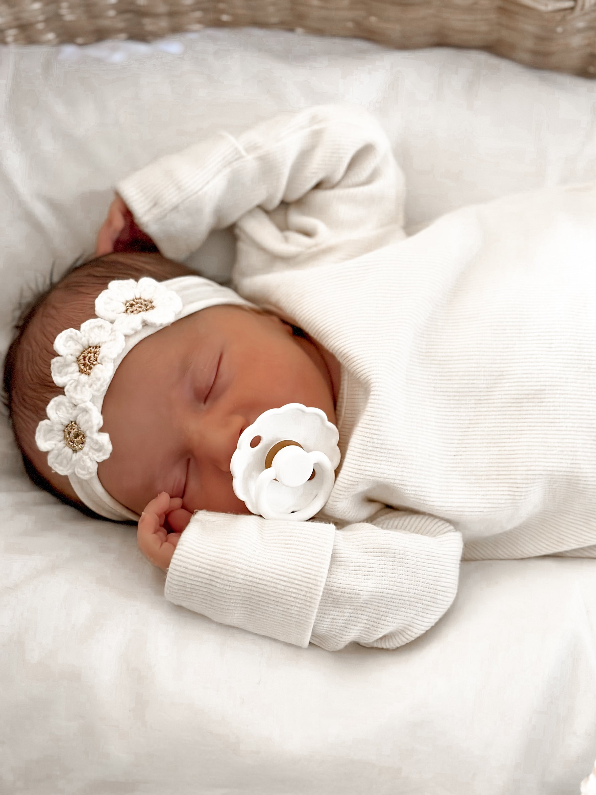 baby headband - white and gold crochet flowers