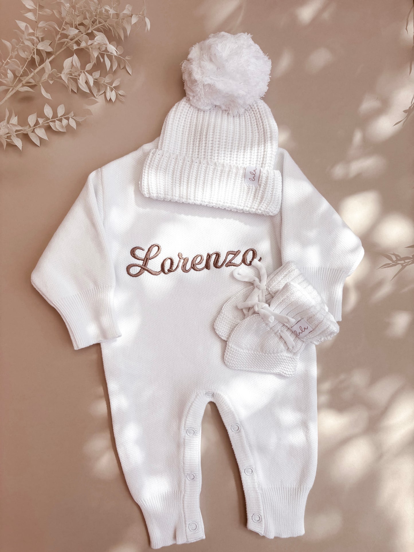 Set | Personalised Full Length Knit Baby Romper & Booties & Hat | Milk White