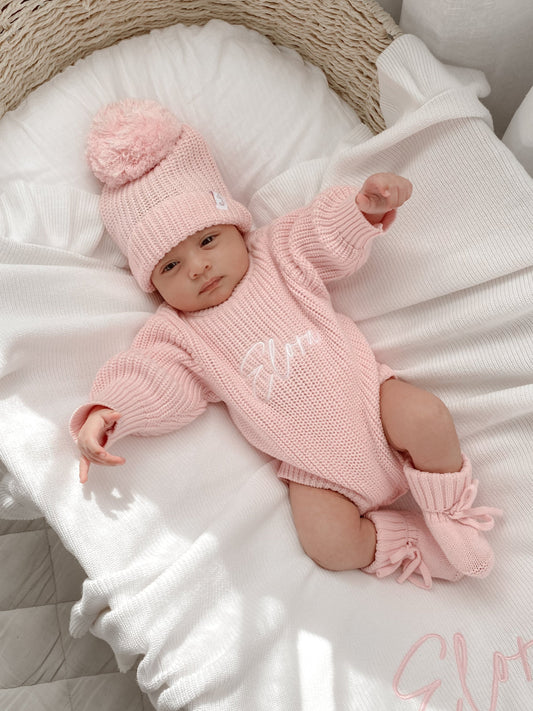 Set | Personalised Chunky Knit Baby Romper & Booties & Hat | Blossom Pink