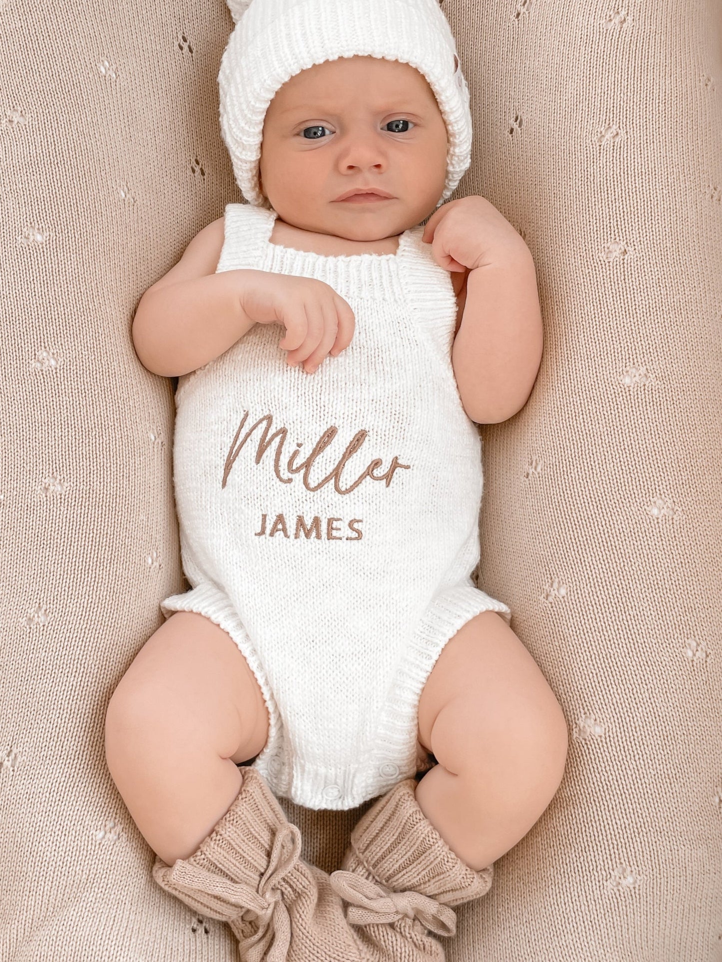 Personalised Sleeveless Knit Baby Romper | Two Names | Ivory