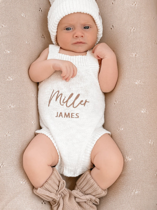 Personalised Sleeveless Knit Baby Romper | Two Names | Ivory