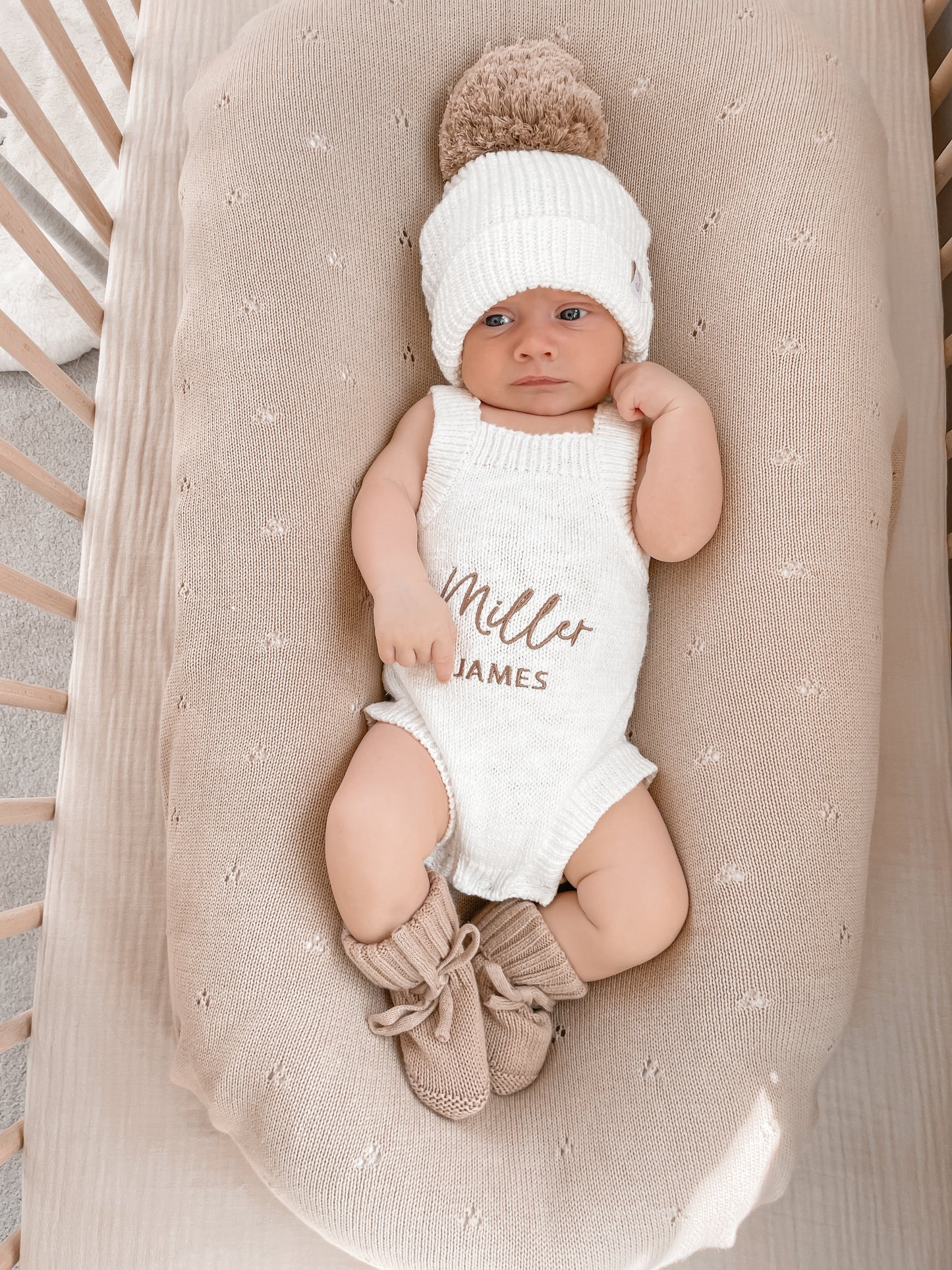 Personalised Sleeveless Knit Baby Romper | Two Names | Ivory