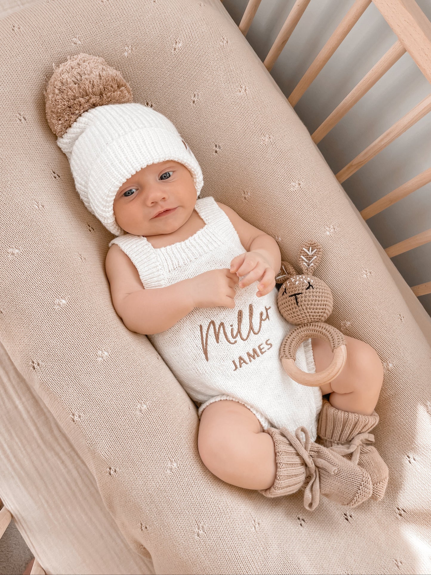 Personalised Sleeveless Knit Baby Romper | Two Names | Ivory