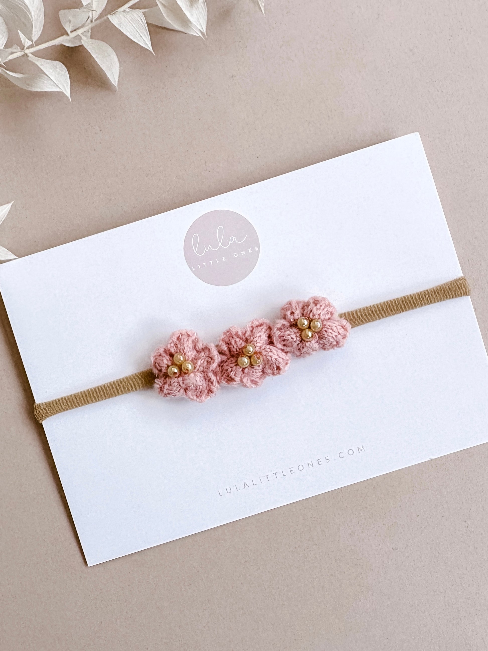 baby headband with dusky pink flowers