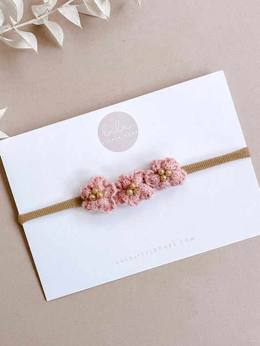 baby headband with dusky pink flowers