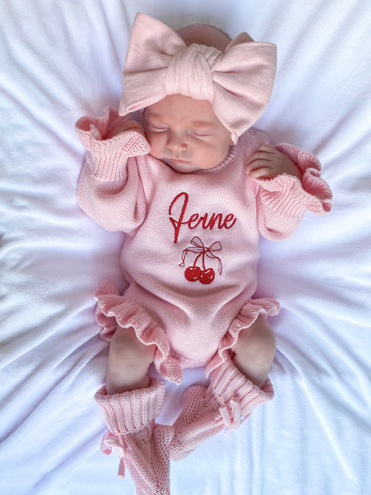 Personalised Frill Knit Cherry Romper | Blossom Pink