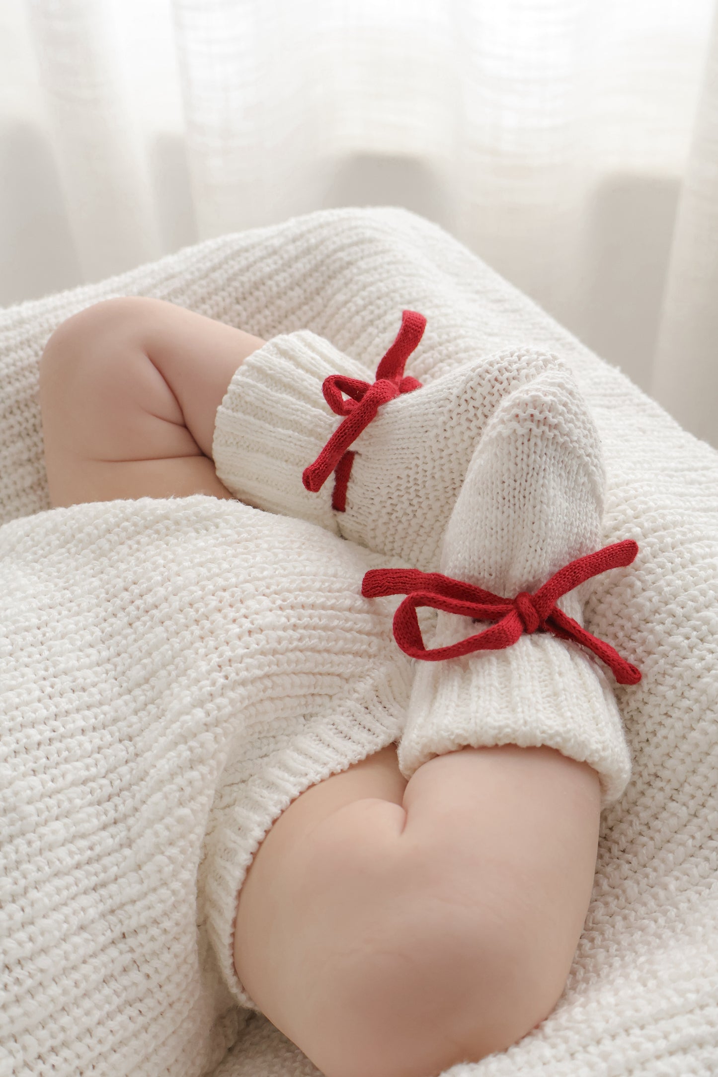 Baby Booties | Chunky Knit | Ivory | Ruby Red Laces