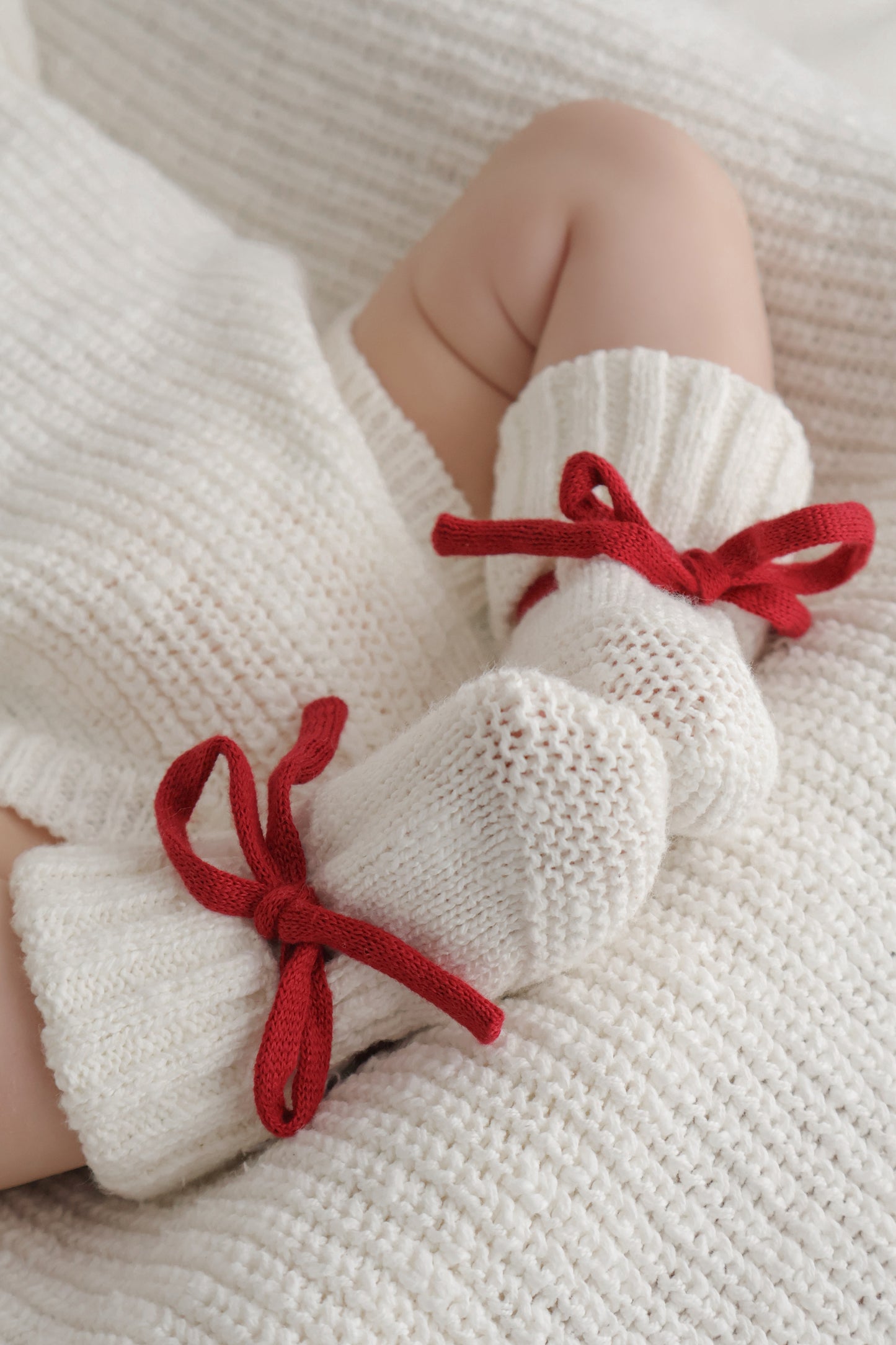 Baby Booties | Chunky Knit | Ivory | Ruby Red Laces