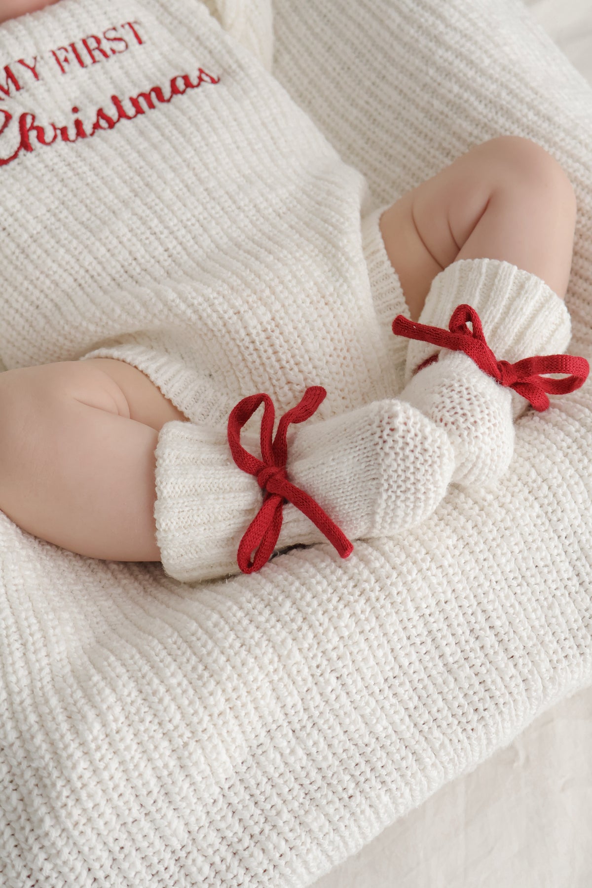 Baby Booties | Chunky Knit | Ivory | Ruby Red Laces