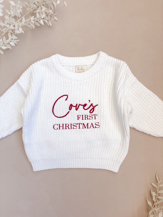 Personalised First Christmas Chunky Knit Jumper | Milk White