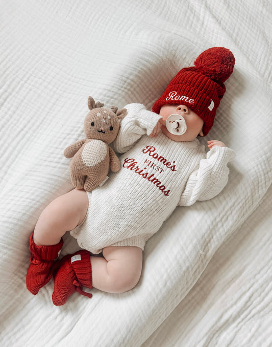 Personalised First Christmas Chunky Knit Baby Romper | Ivory