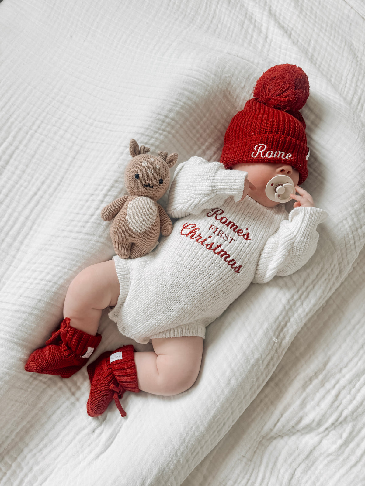Personalised First Christmas Chunky Knit Baby Romper | Ivory