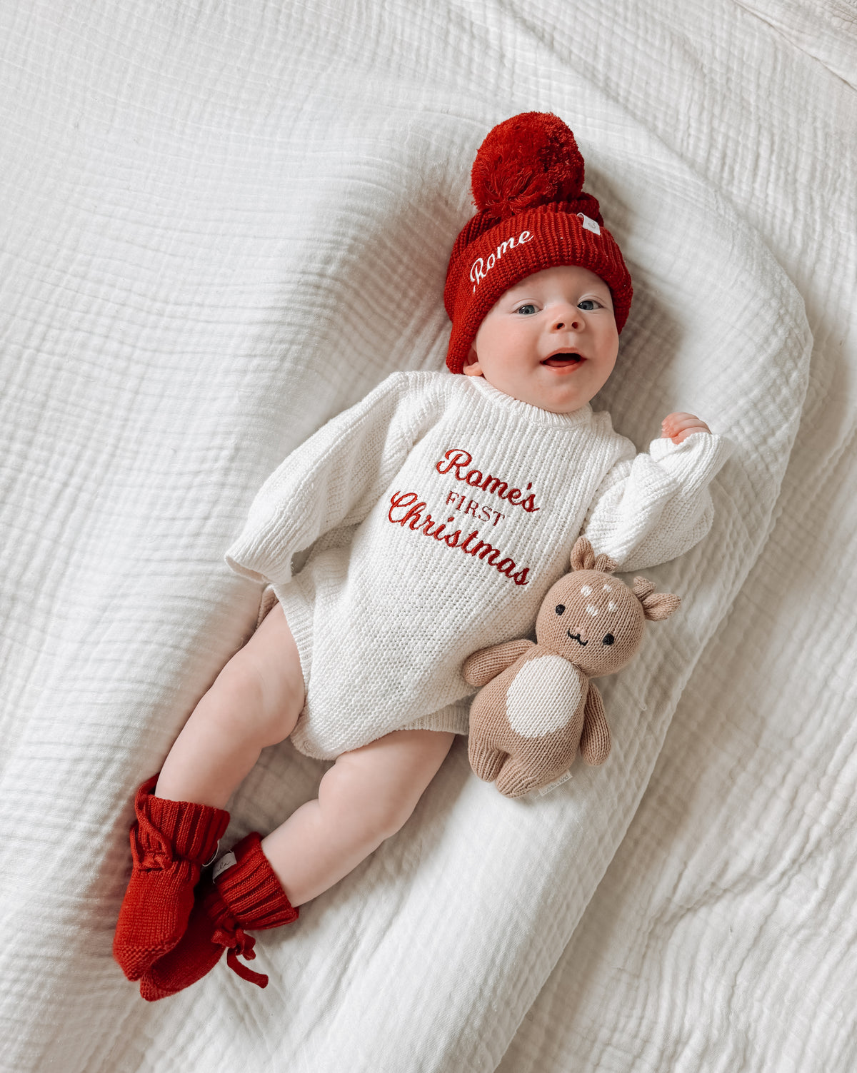 Personalised First Christmas Chunky Knit Baby Romper | Ivory