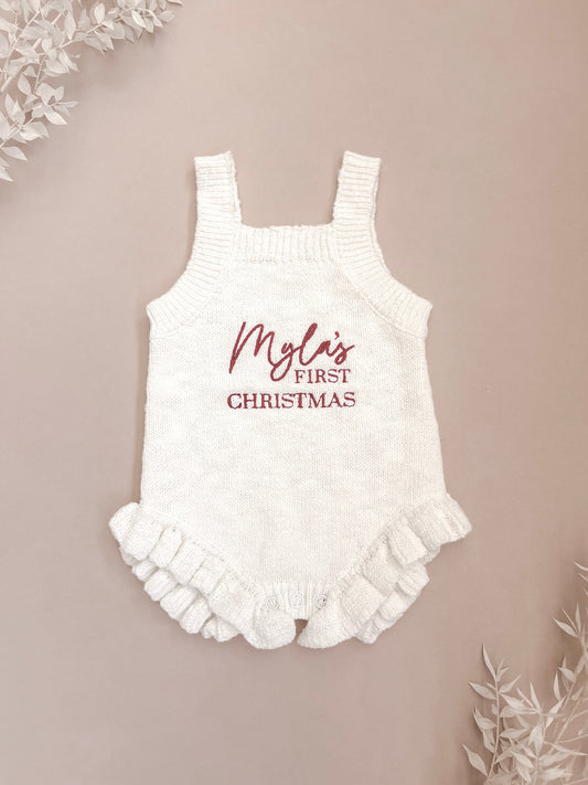 Personalised First Christmas Sleeveless Frill Knit Baby Romper | Ivory