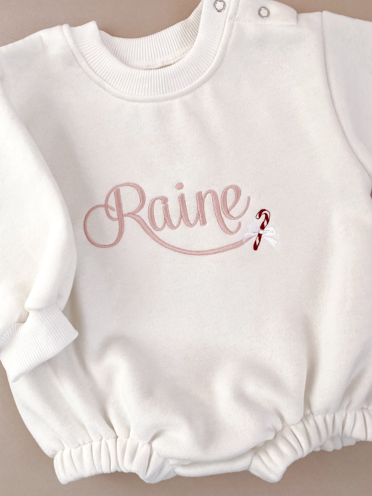 Personalised Christmas Name & Candy Cane | Sweater Romper | Ivory | Pink Embroidery