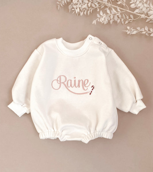 Personalised Christmas Name & Candy Cane | Sweater Romper | Ivory | Pink Embroidery