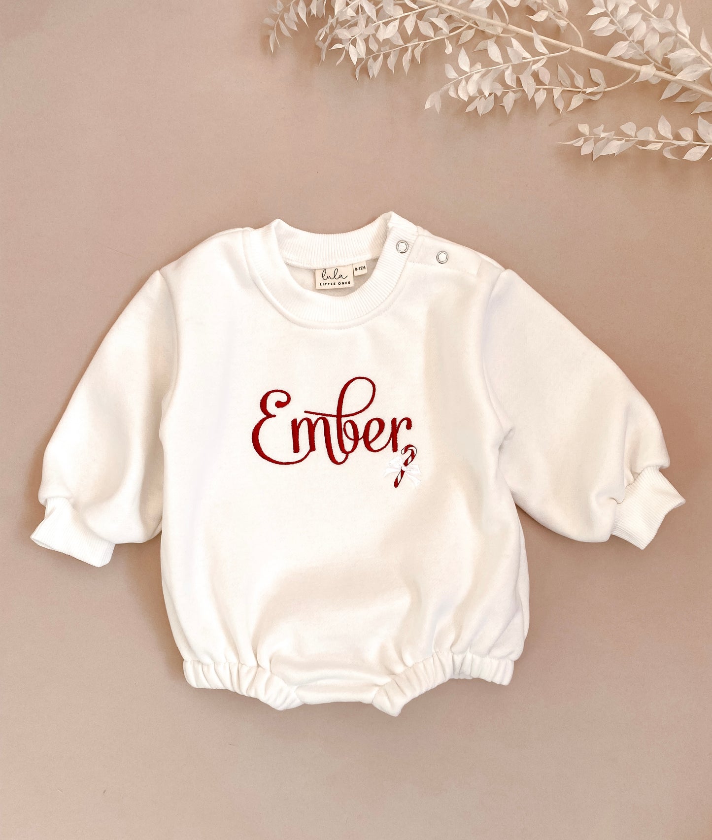 Personalised Christmas Name & Candy Cane | Sweater Romper | Ivory | Red Embroidery