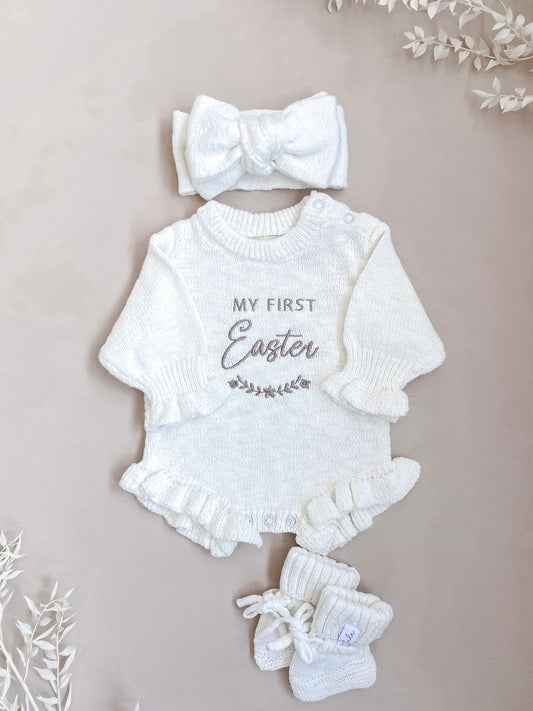 Set | My First Easter | Frill Knit Romper & Topknot & Booties | Ivory