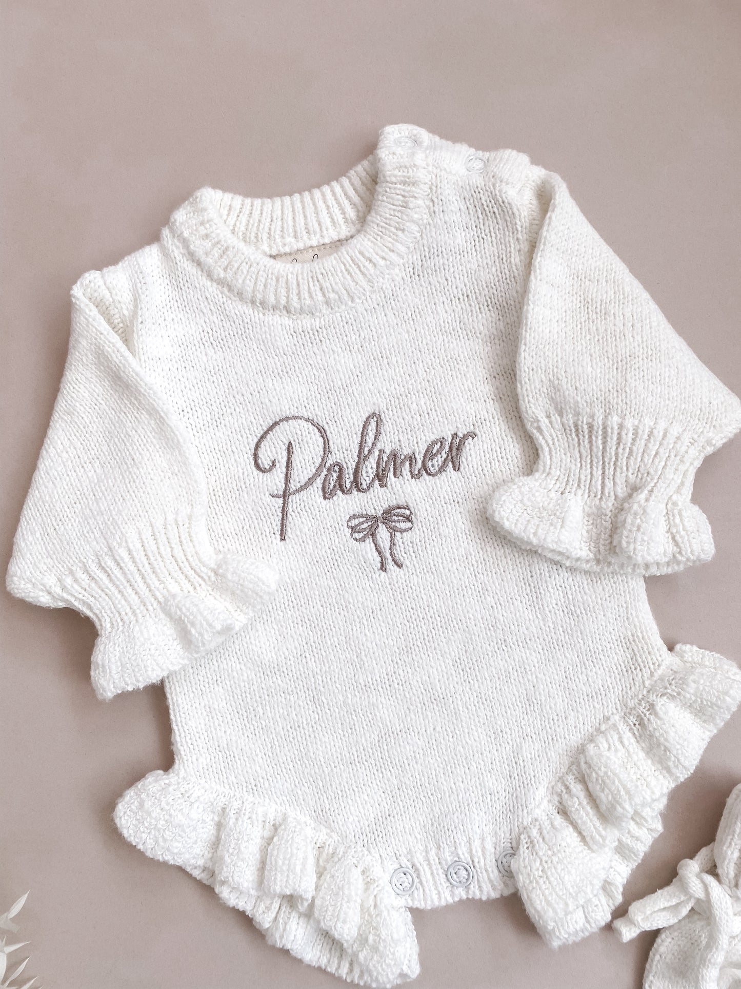 Personalised Frill Knit Bow Romper | Ivory