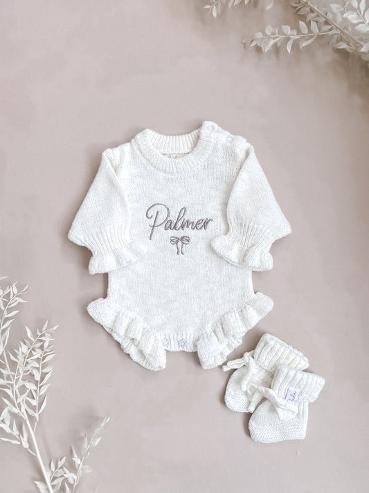 Set | Personalised Frill Knit Bow Romper & Baby Booties | Ivory