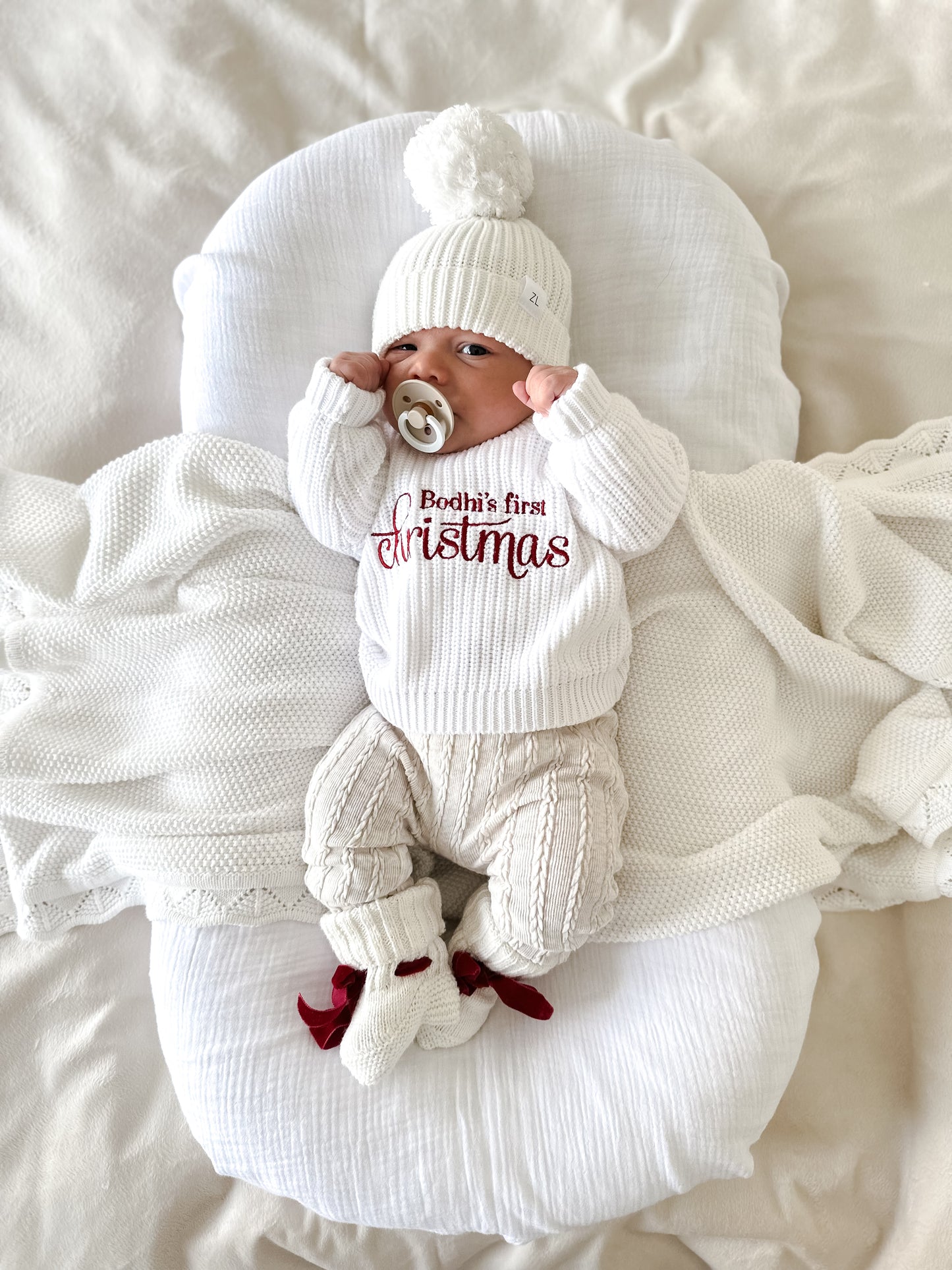 Personalised First Christmas Chunky Knit Jumper | White | Red Embroidery