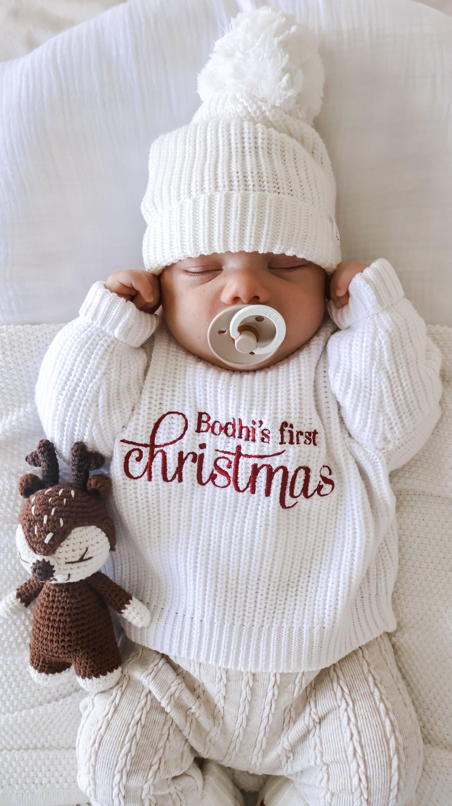 Personalised First Christmas Chunky Knit Jumper | White | Red Embroidery