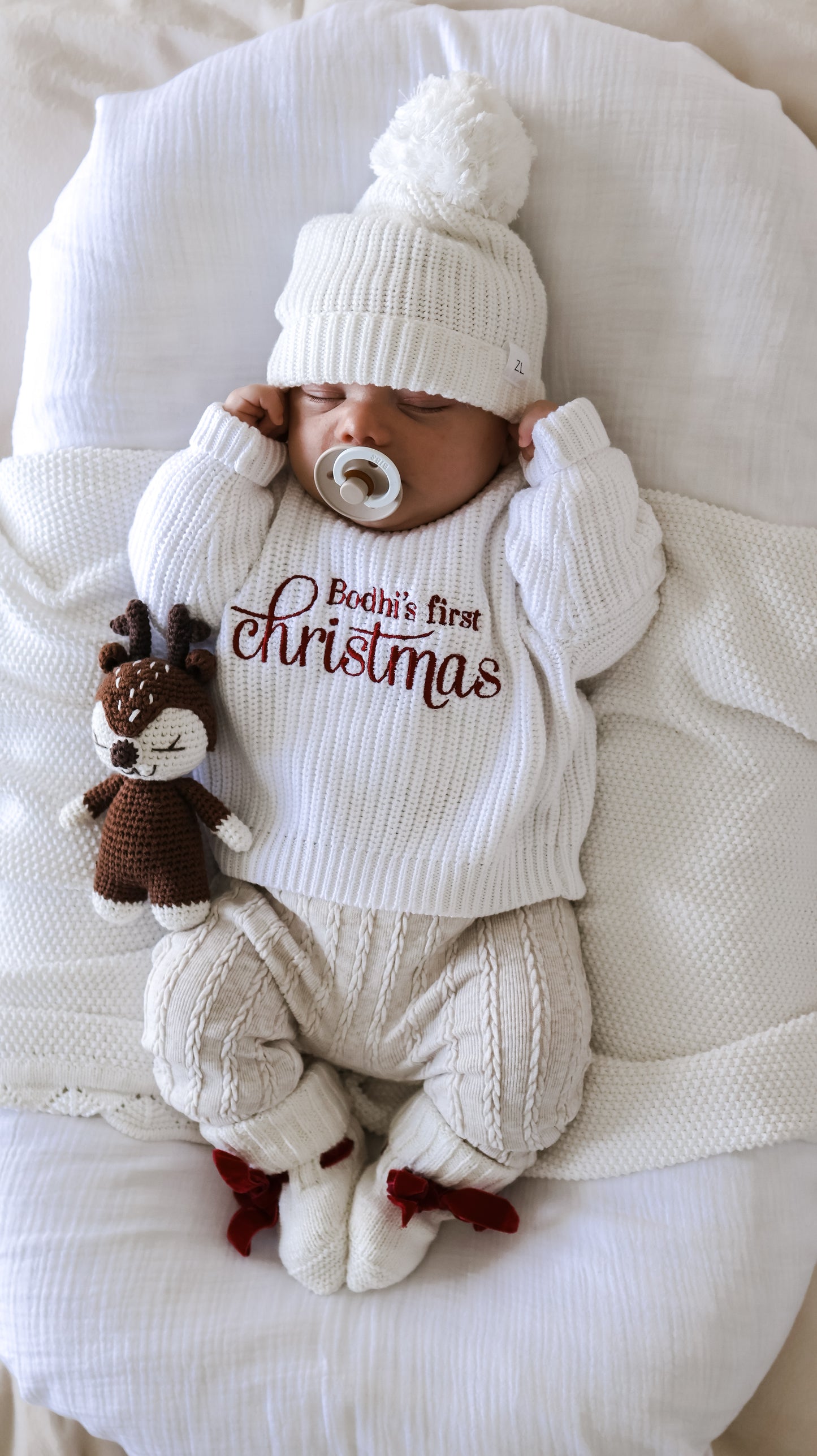 Personalised First Christmas Chunky Knit Jumper | White | Red Embroidery