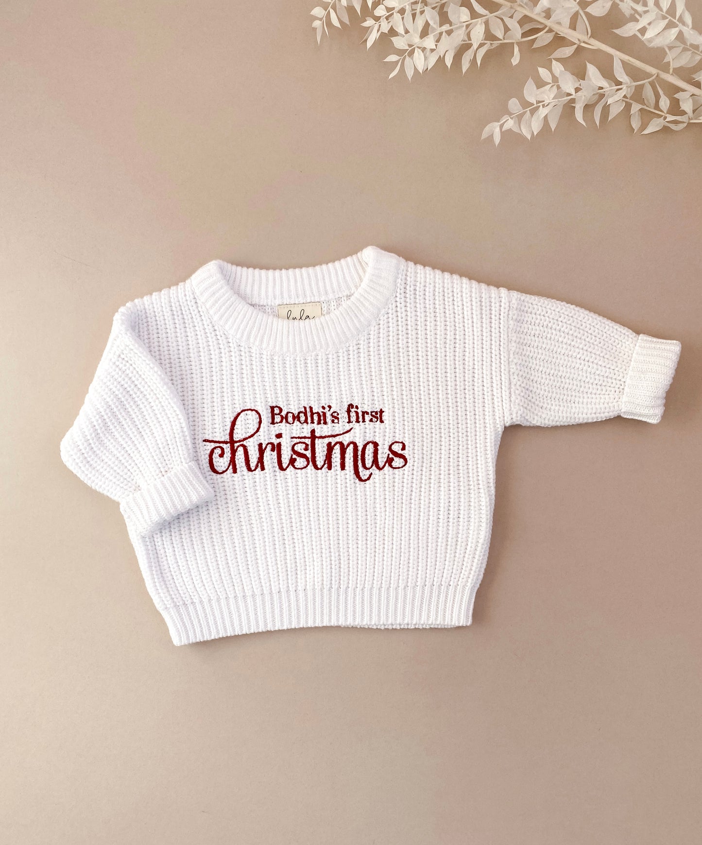 Personalised First Christmas Chunky Knit Jumper | White | Red Embroidery